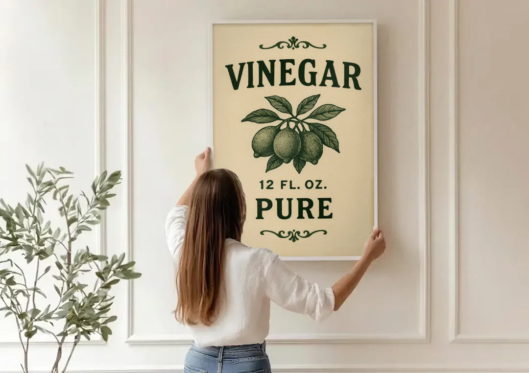 Vintage Pure Vinegar canvas wall art being hung on a paneled wall