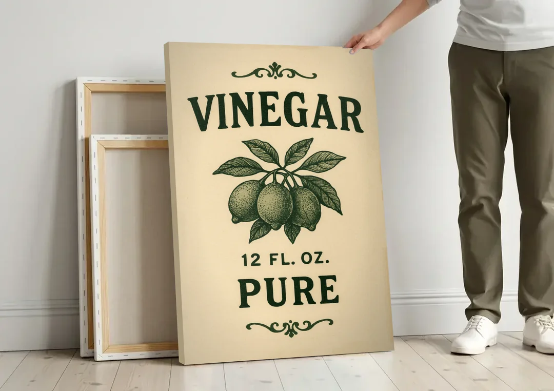 Vintage Pure Vinegar canvas wall art leaning against a wall next to blank canvases