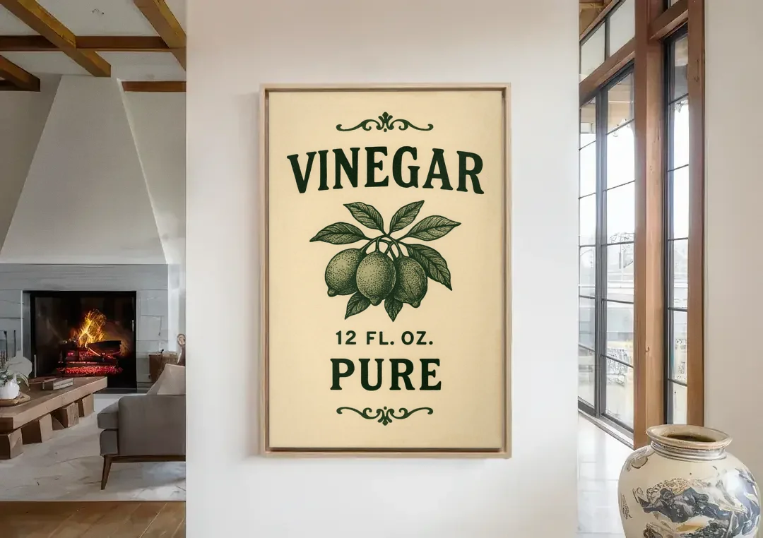 Vintage Pure Vinegar canvas wall art in a living room with a fireplace