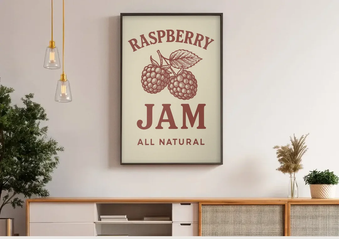 Vintage Raspberry Jam canvas wall art above a wooden sideboard under pendant lights