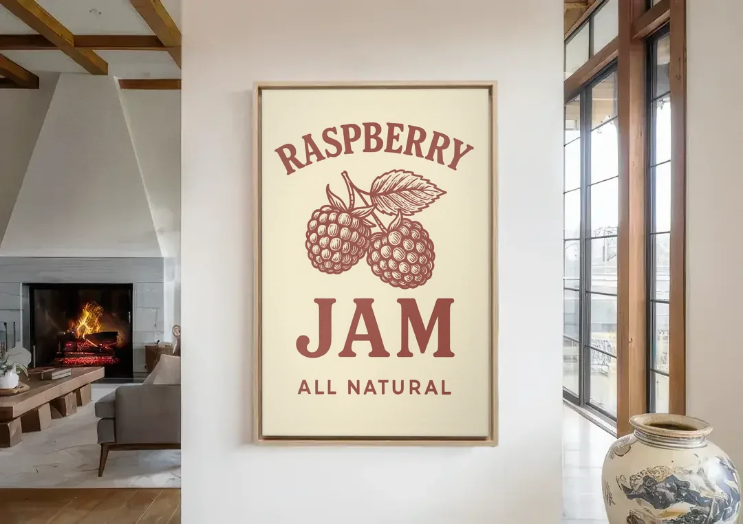 Vintage Raspberry Jam canvas wall art in a living room with a fireplace