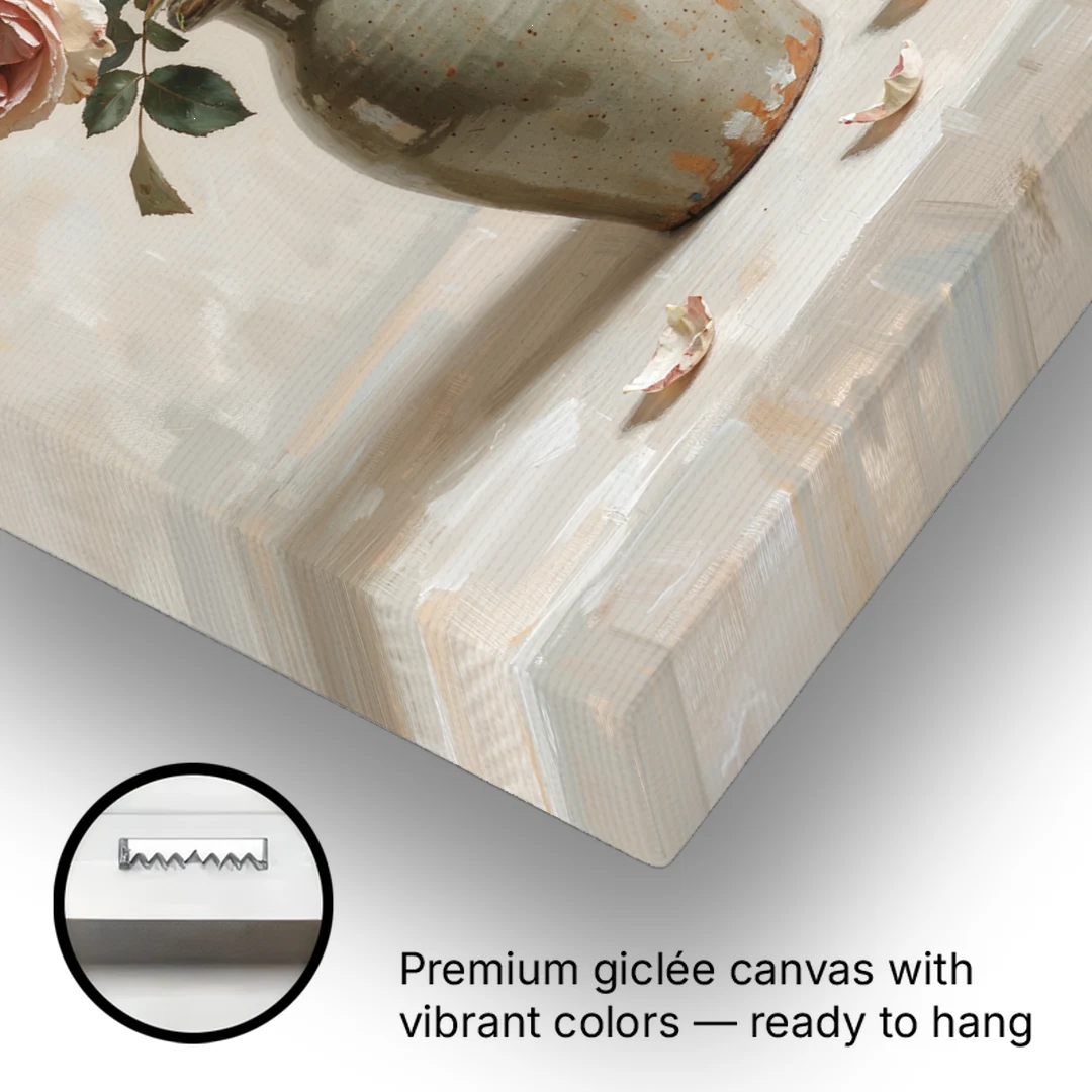 Vintage Rose Painting in a Stoneware Jug - Canvas Wall Art - Gallery Wrap Corner