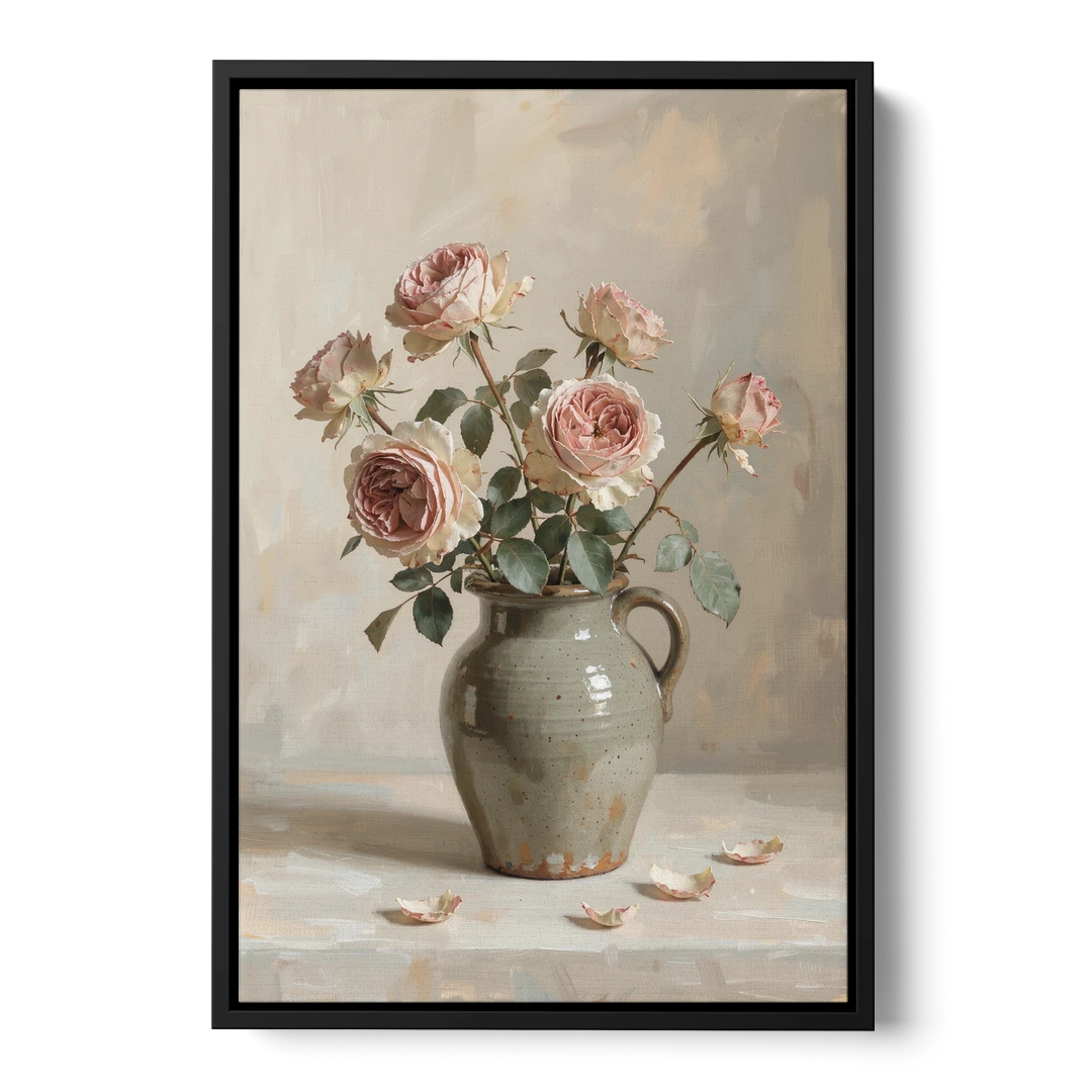Vintage Rose Painting in a Stoneware Jug - Black Framed Canvas Wall Art - Front