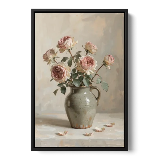 Vintage Rose Painting in a Stoneware Jug - Black Framed Canvas Wall Art - Front