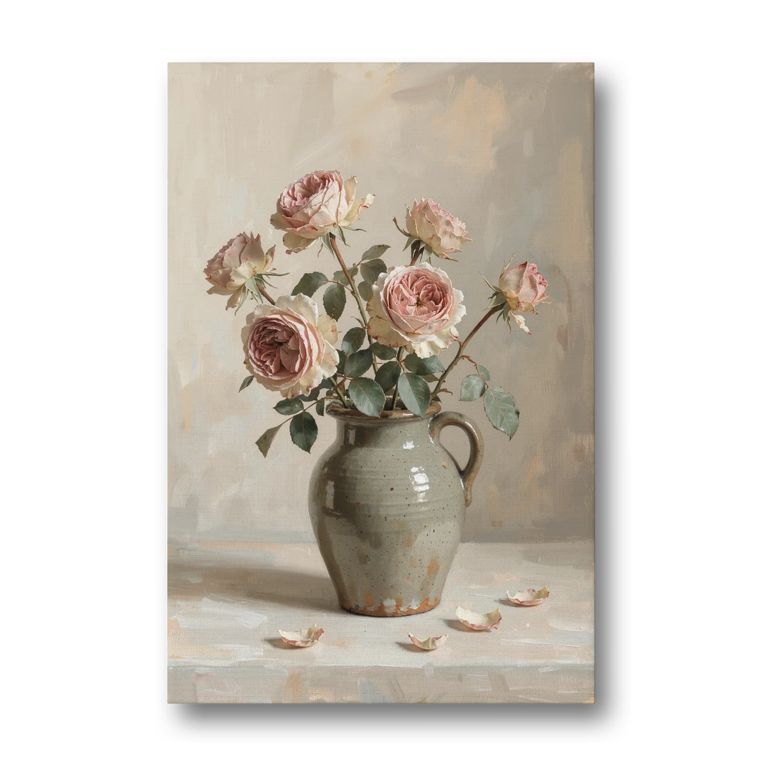 Vintage Rose Painting in a Stoneware Jug - Canvas Wall Art - Front