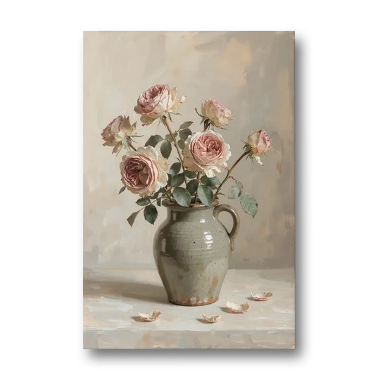 Vintage Rose Painting in a Stoneware Jug - Canvas Wall Art - Front