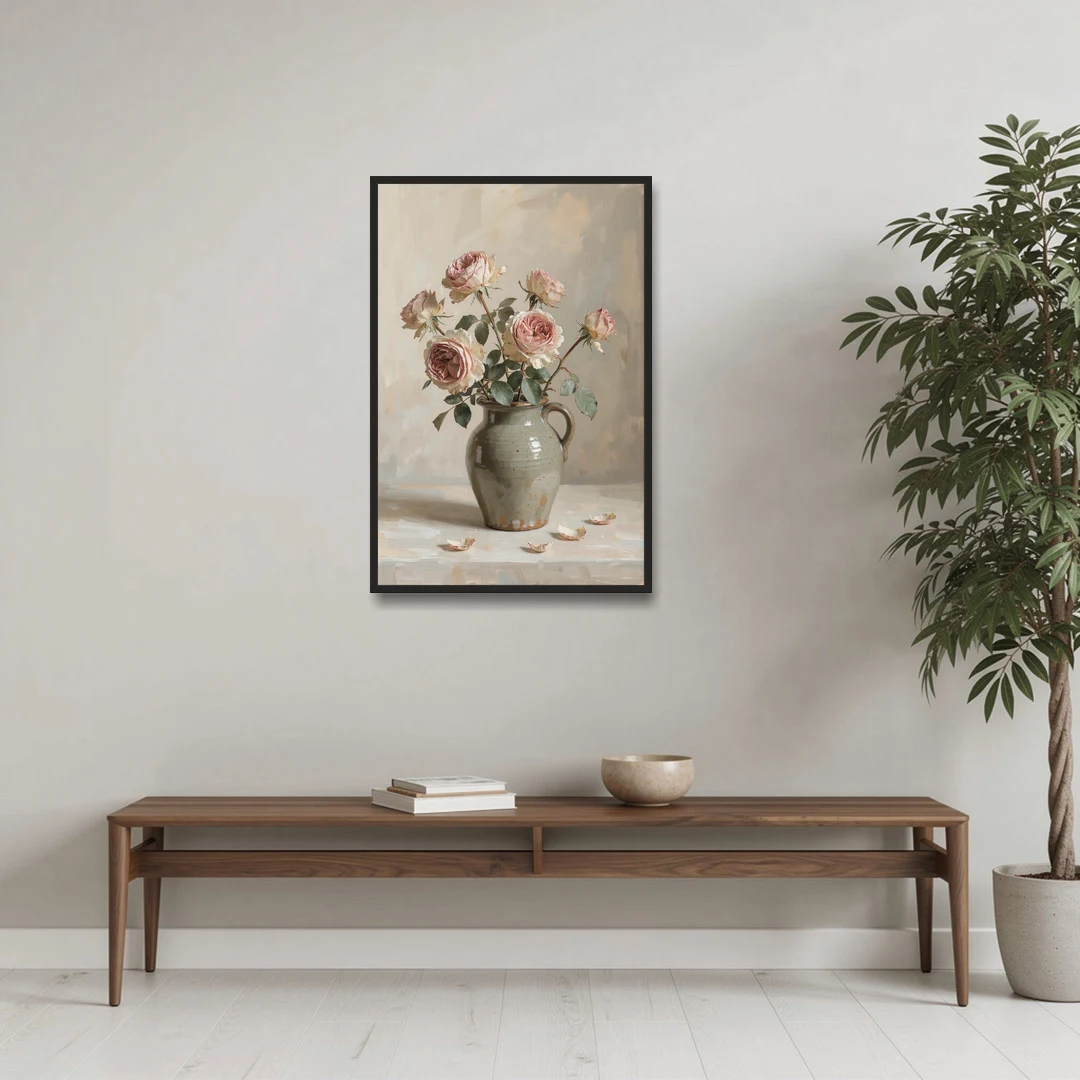 Vintage Rose Painting in a Stoneware Jug - Black Framed Canvas Wall Art - Coffee Table - 24x36