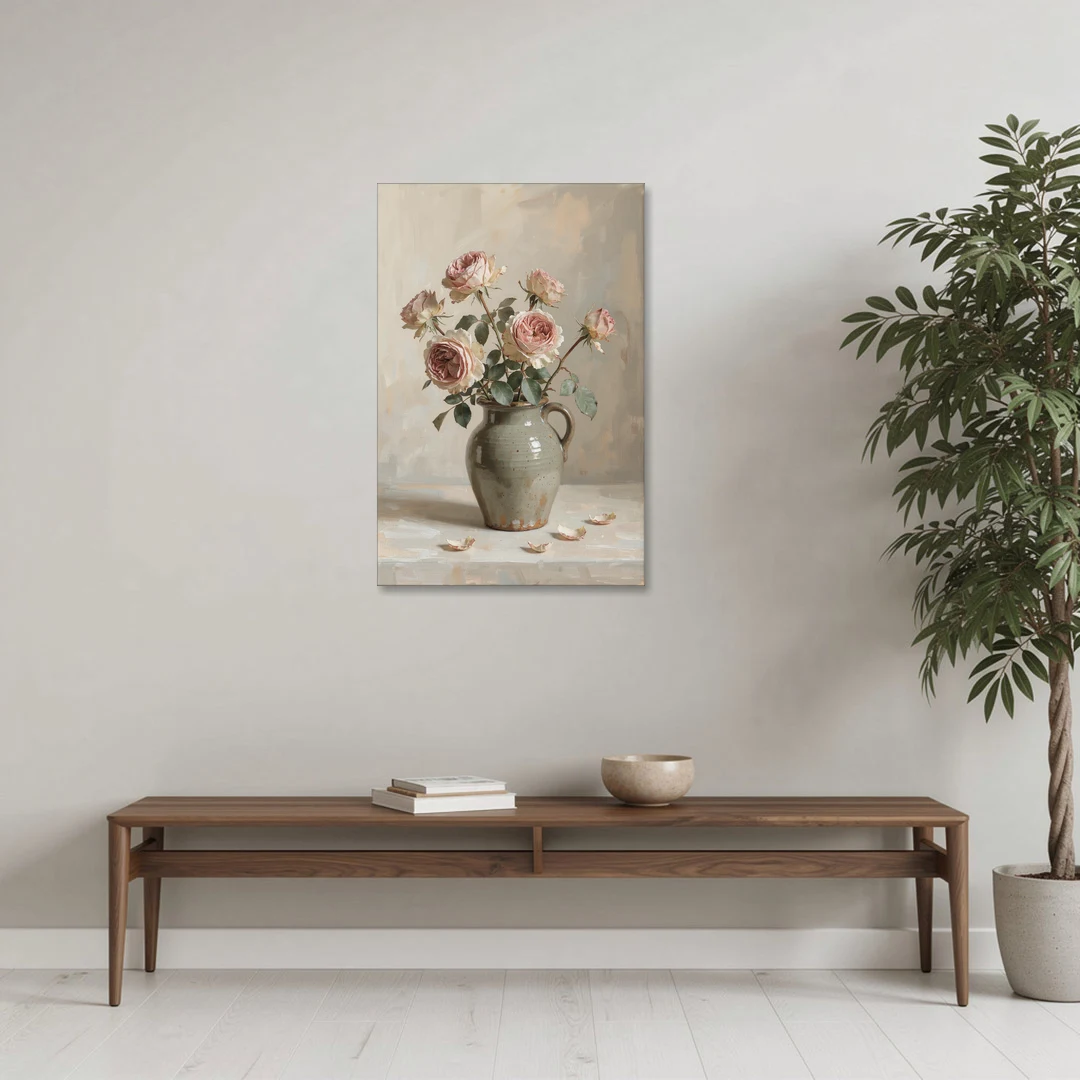 Vintage Rose Painting in a Stoneware Jug - Canvas Wall Art - Coffee Table - 24x36