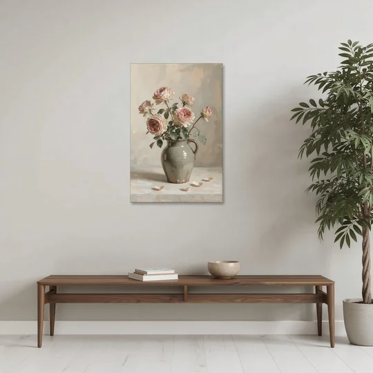 Vintage Rose Painting in a Stoneware Jug - Canvas Wall Art - Coffee Table - 24x36