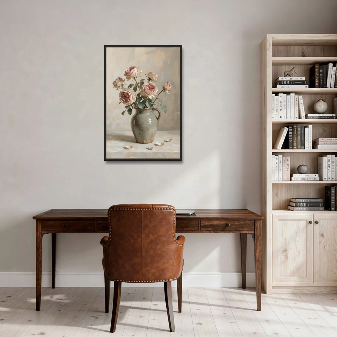 Vintage Rose Painting in a Stoneware Jug - Black Framed Canvas Wall Art - Office - 24x36