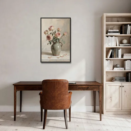 Vintage Rose Painting in a Stoneware Jug - Black Framed Canvas Wall Art - Office - 24x36