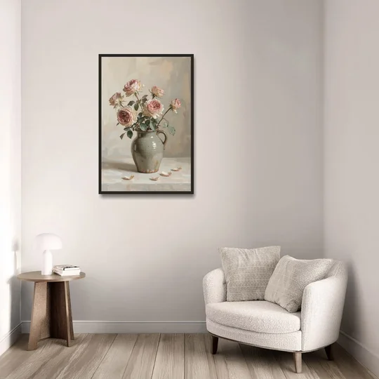 Vintage Rose Painting in a Stoneware Jug - Black Framed Canvas Wall Art - Sofa - 24x36