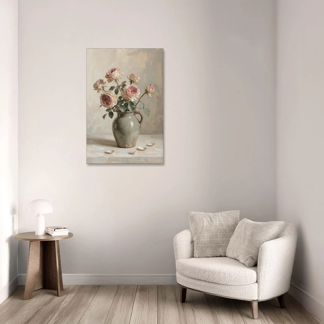 Vintage Rose Painting in a Stoneware Jug - Canvas Wall Art - Sofa - 24x36