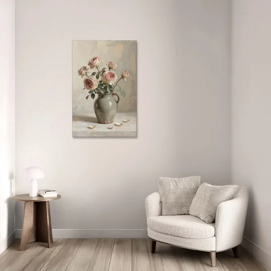 Vintage Rose Painting in a Stoneware Jug - Canvas Wall Art - Sofa - 24x36