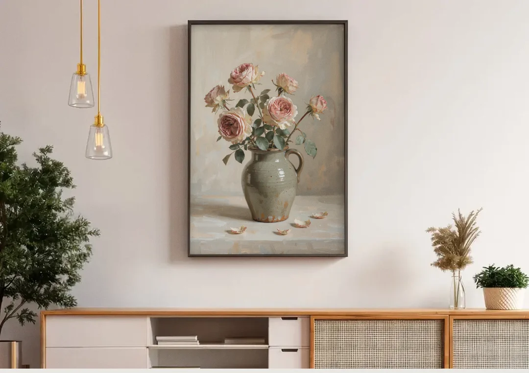 Vintage Rose Painting in a Stoneware Jug canvas wall art above a wooden sideboard under pendant lights