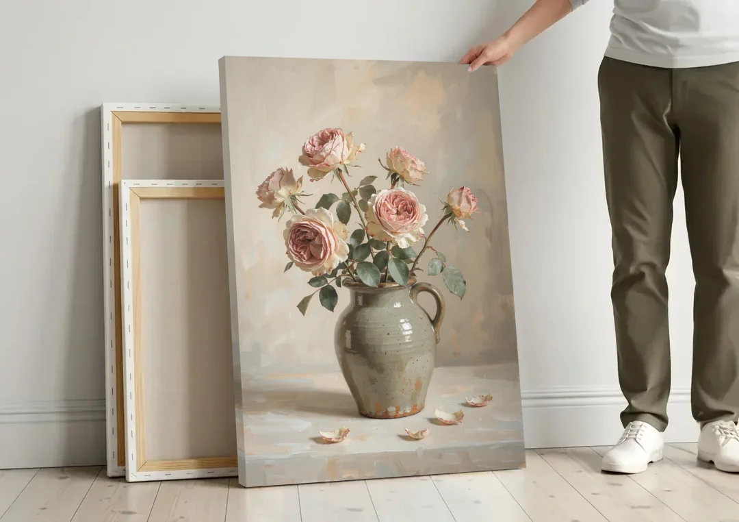 Vintage Rose Painting in a Stoneware Jug canvas wall art leaning against a wall next to blank canvases
