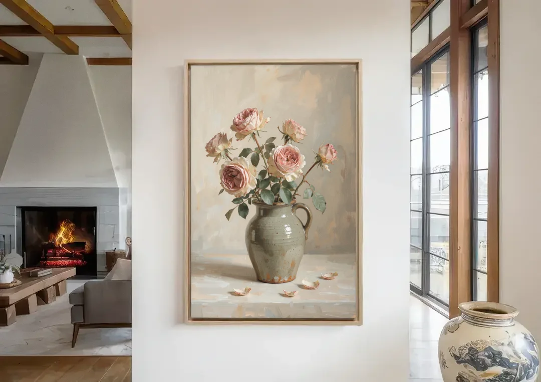 Vintage Rose Painting in a Stoneware Jug canvas wall art in a living room with a fireplace