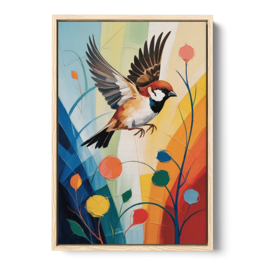 Vintage Sparrow Silhouette - Oak Framed Canvas Wall Art - Front