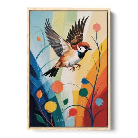 Vintage Sparrow Silhouette - Oak Framed Canvas Wall Art - Front