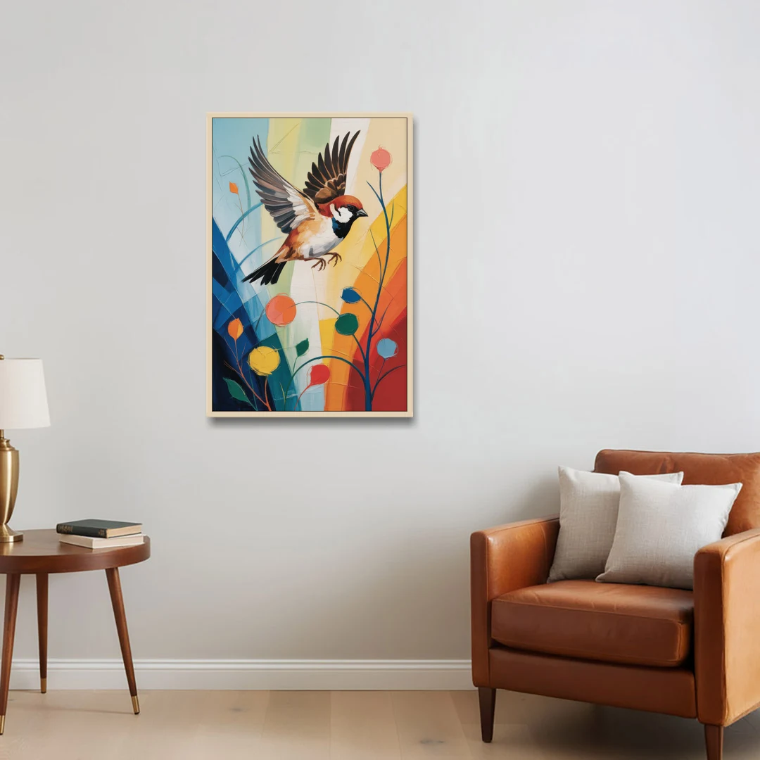 Vintage Sparrow Silhouette - Oak Framed Canvas Wall Art - Sofa - 24x36