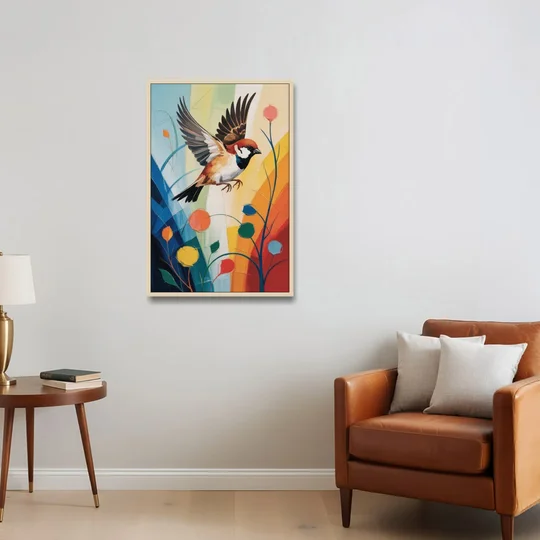 Vintage Sparrow Silhouette - Oak Framed Canvas Wall Art - Sofa - 24x36