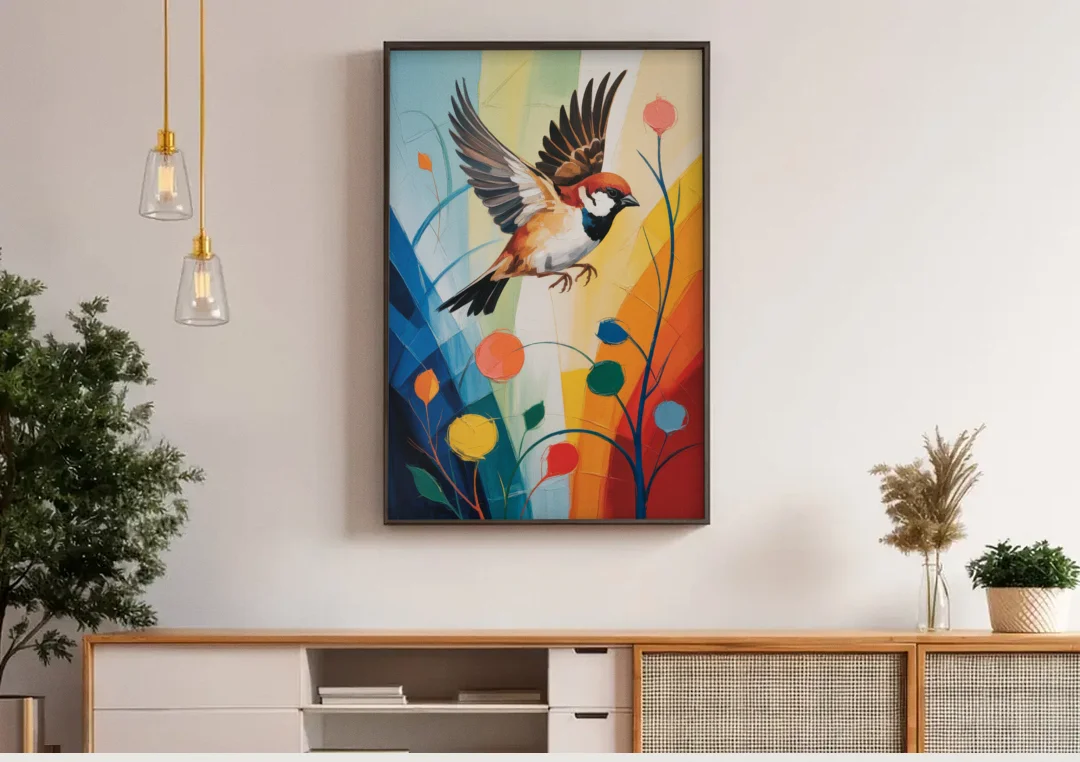 Vintage Sparrow Silhouette canvas wall art above a wooden sideboard under pendant lights