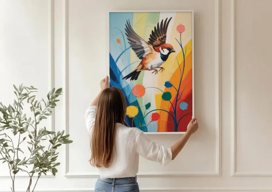 Vintage Sparrow Silhouette canvas wall art being hung on a paneled wall