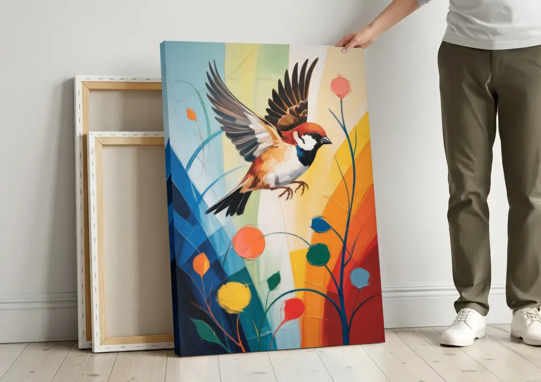 Vintage Sparrow Silhouette canvas wall art leaning against a wall next to blank canvases