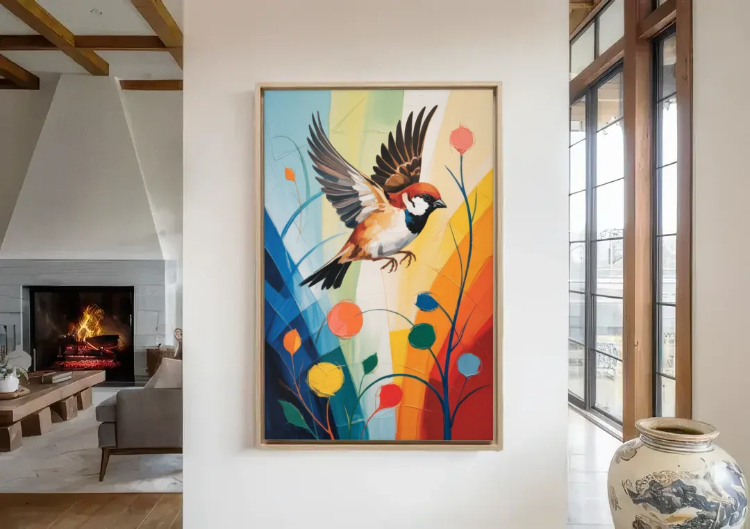 Vintage Sparrow Silhouette canvas wall art in a living room with a fireplace