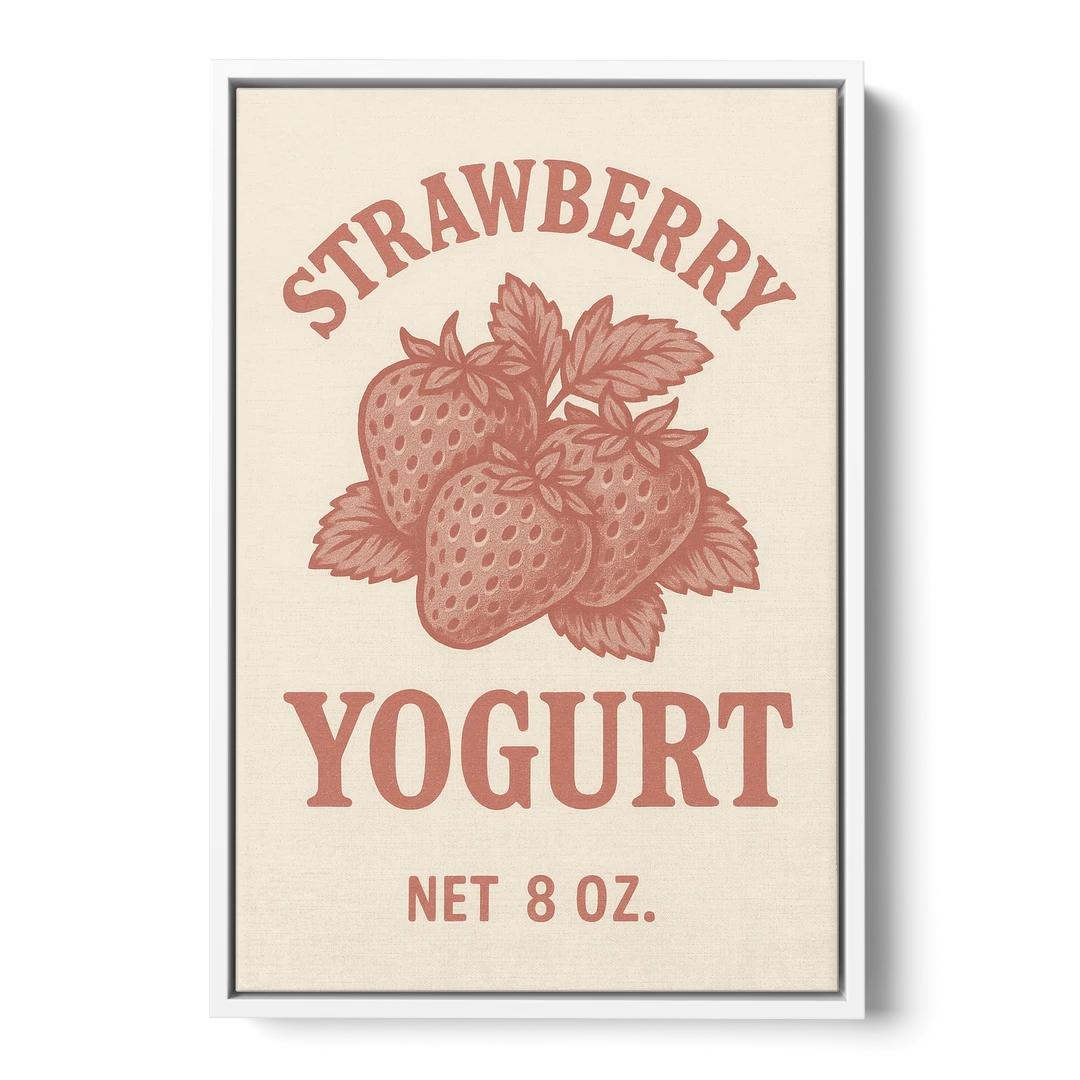 Vintage Strawberry Yogurt - White Framed Canvas Wall Art - Front