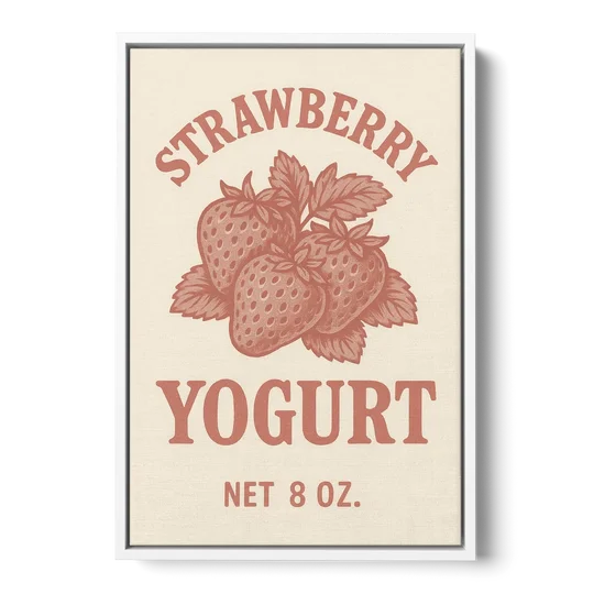 Vintage Strawberry Yogurt - White Framed Canvas Wall Art - Front