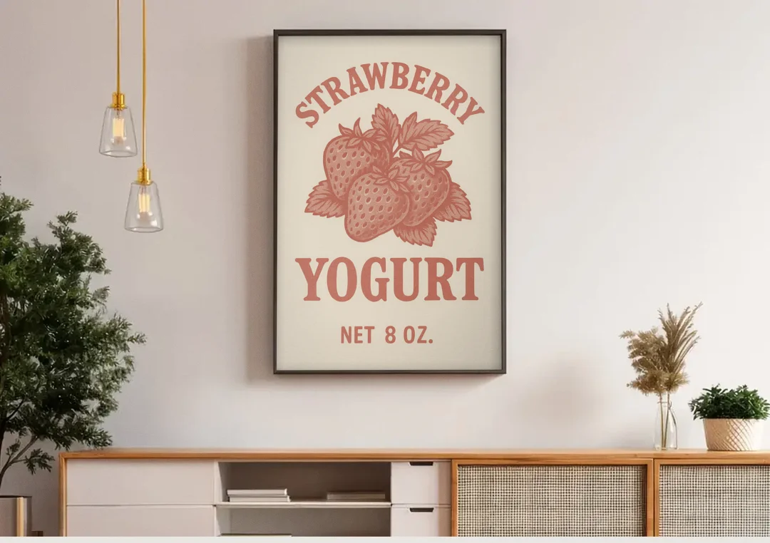 Vintage Strawberry Yogurt canvas wall art above a wooden sideboard under pendant lights
