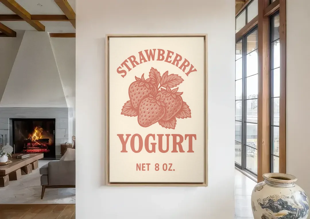 Vintage Strawberry Yogurt canvas wall art in a living room with a fireplace