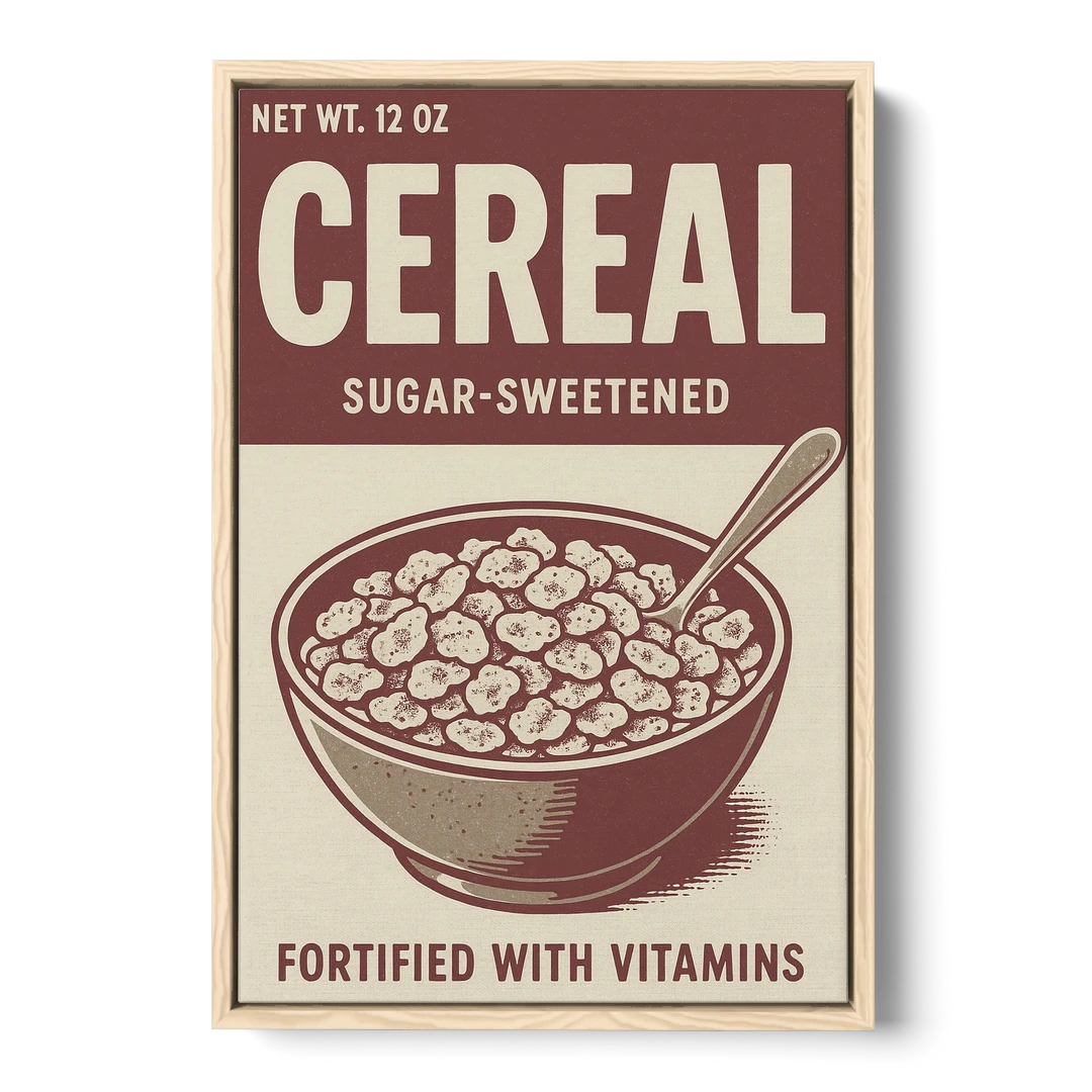 Vintage Sugar Sweetened Cereal - Oak Framed Canvas Wall Art - Front