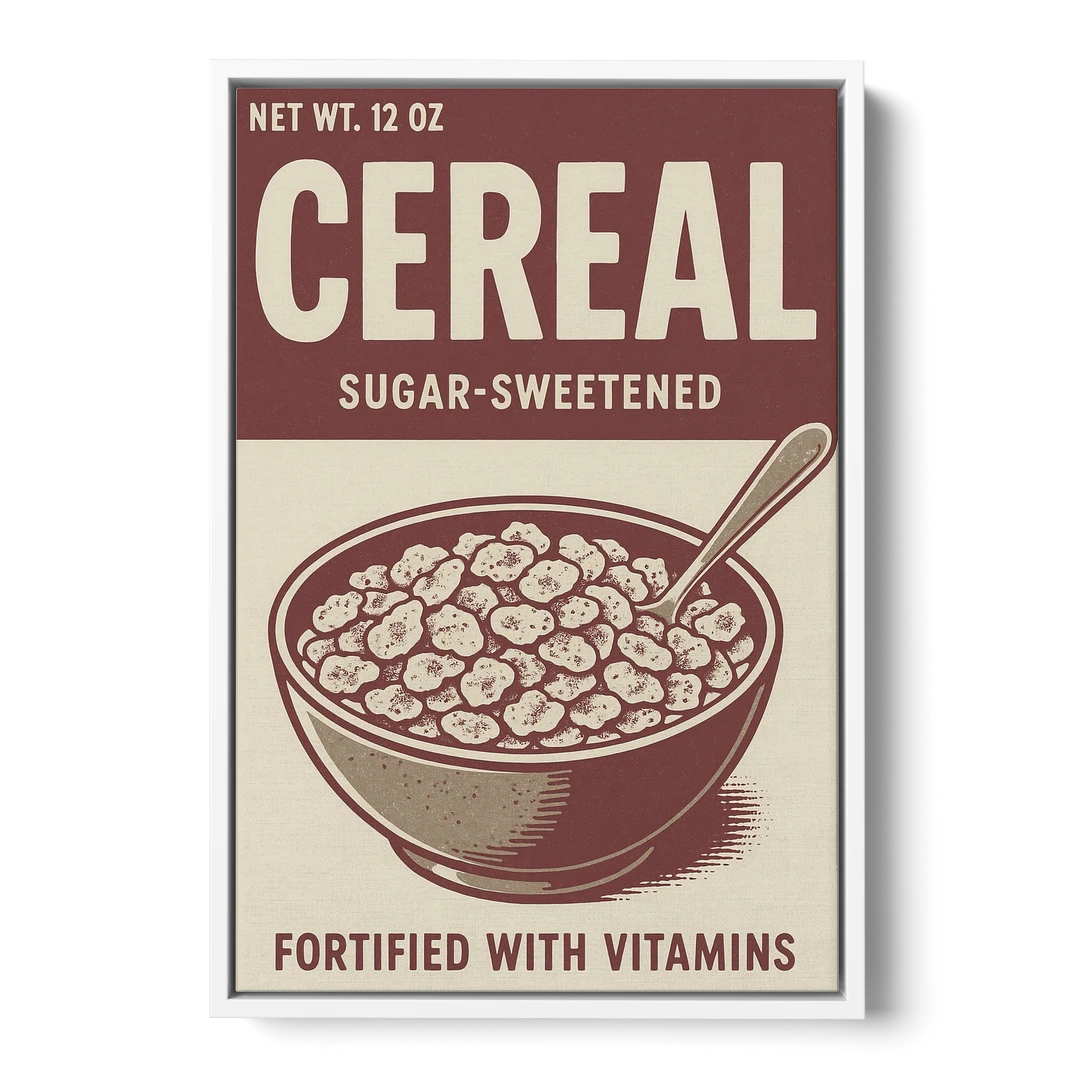 Vintage Sugar Sweetened Cereal - White Framed Canvas Wall Art - Front