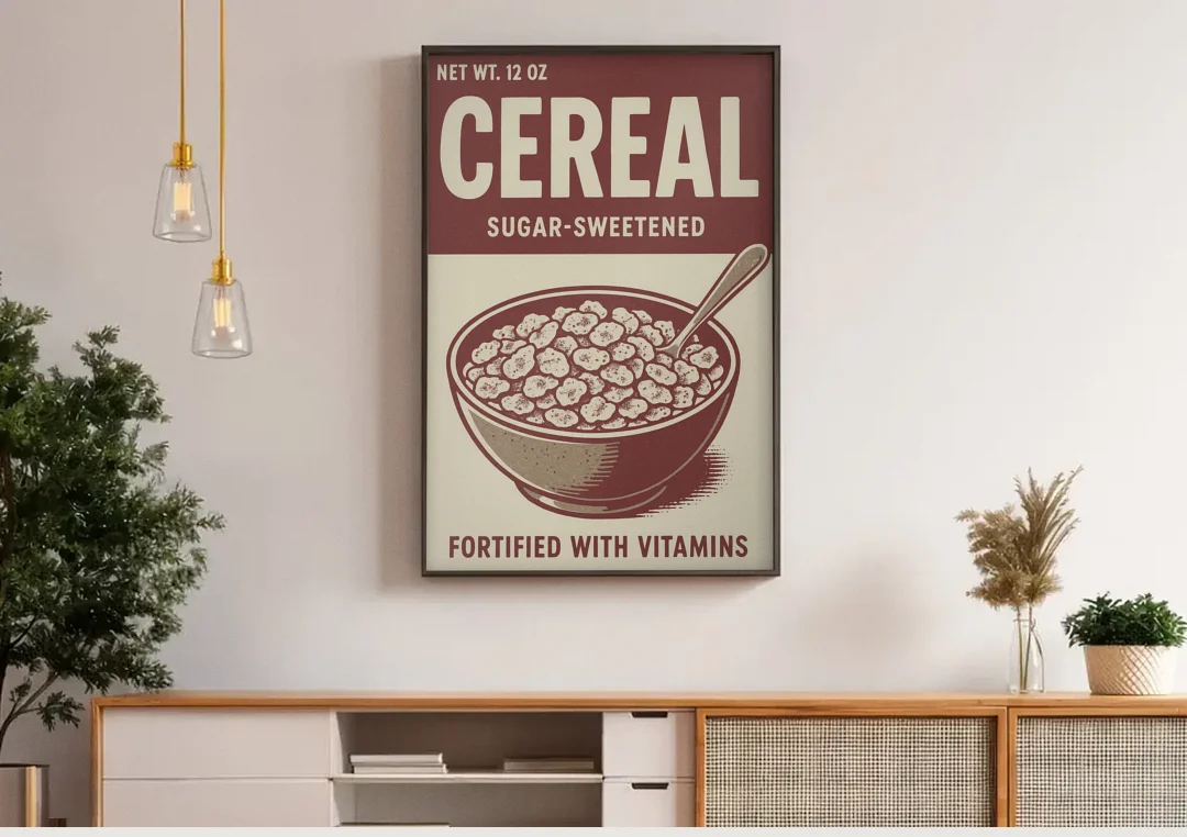 Vintage Sugar Sweetened Cereal canvas wall art above a wooden sideboard under pendant lights