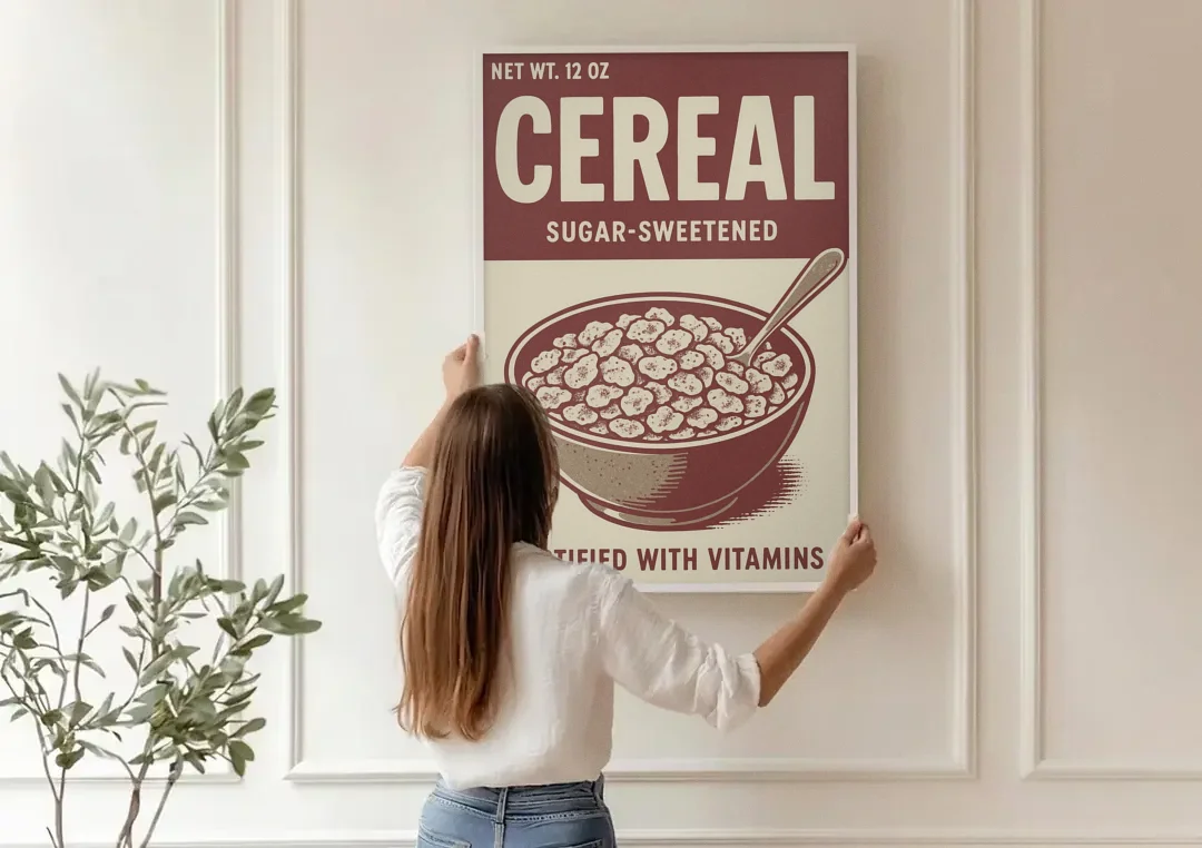 Vintage Sugar Sweetened Cereal canvas wall art being hung on a paneled wall