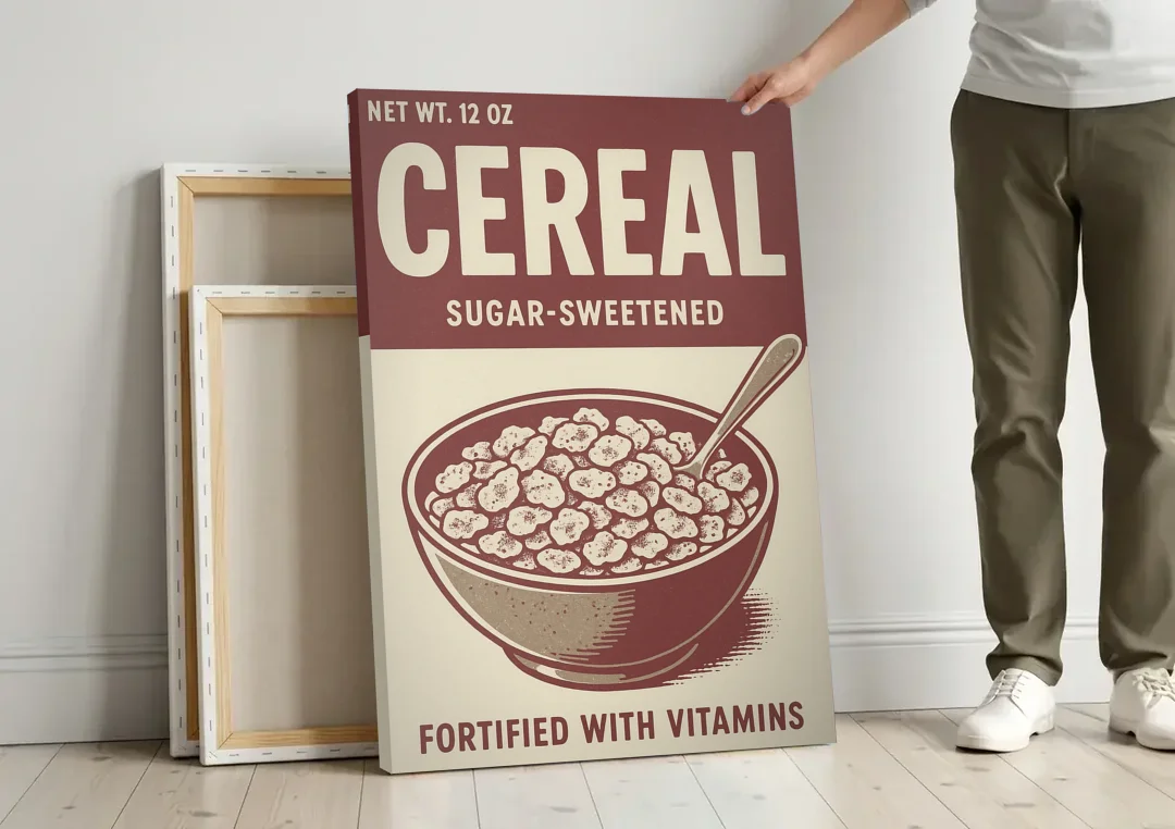 Vintage Sugar Sweetened Cereal canvas wall art leaning against a wall next to blank canvases