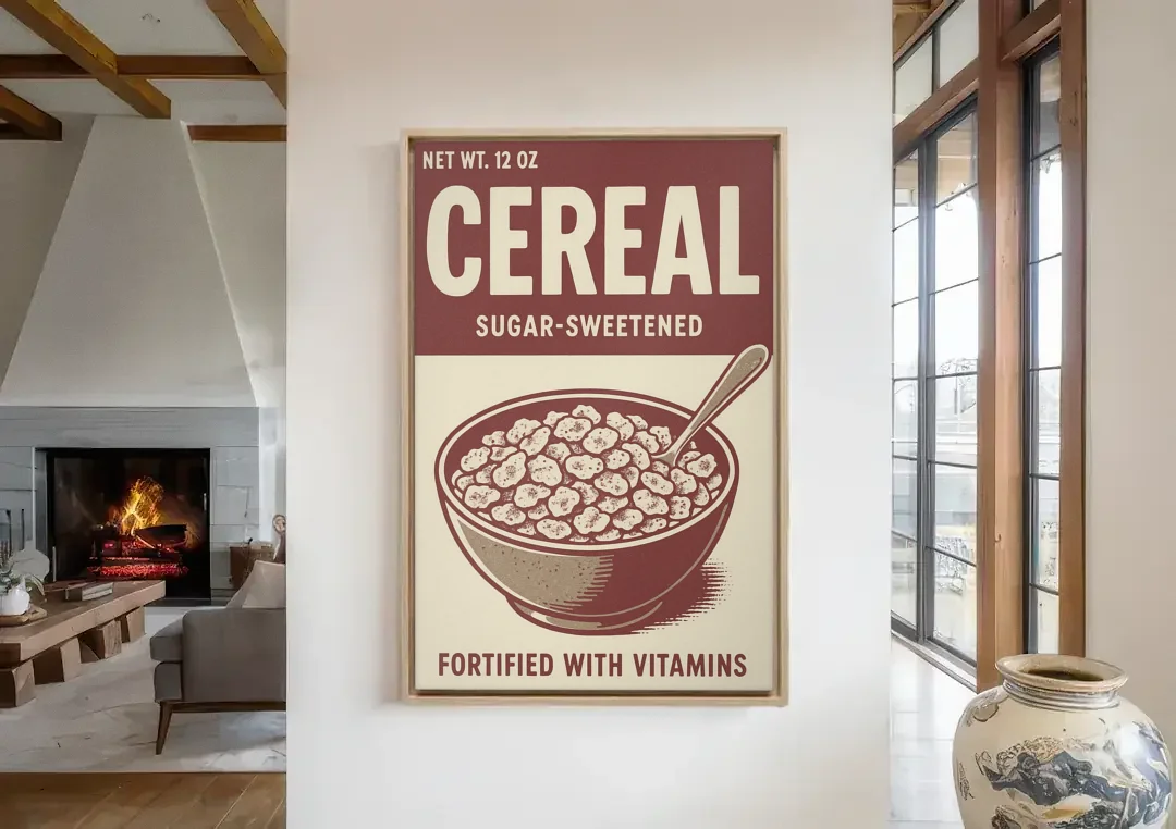 Vintage Sugar Sweetened Cereal canvas wall art in a living room with a fireplace
