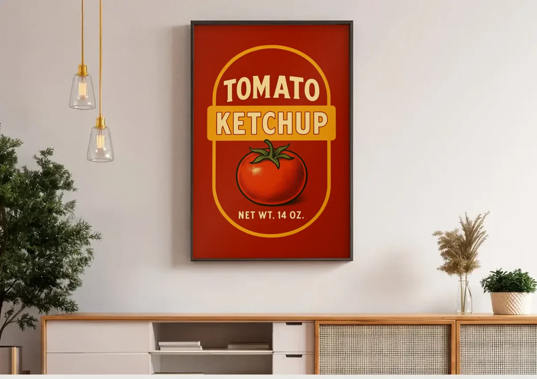 Vintage Tomato Ketchup canvas wall art above a wooden sideboard under pendant lights