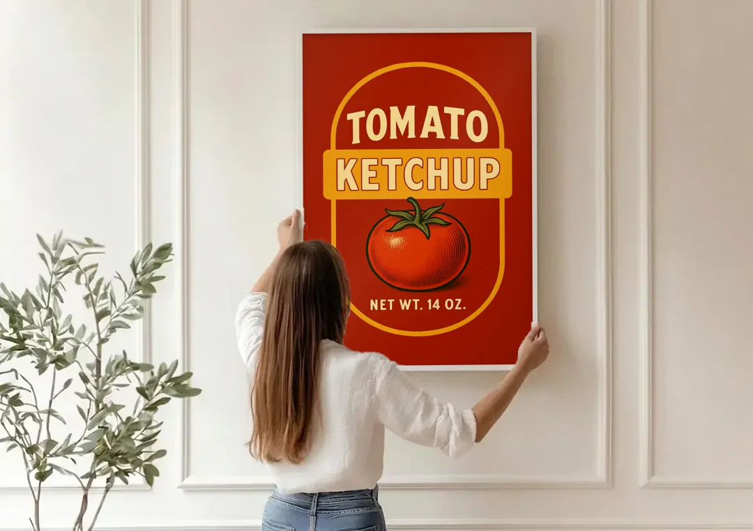 Vintage Tomato Ketchup canvas wall art being hung on a paneled wall