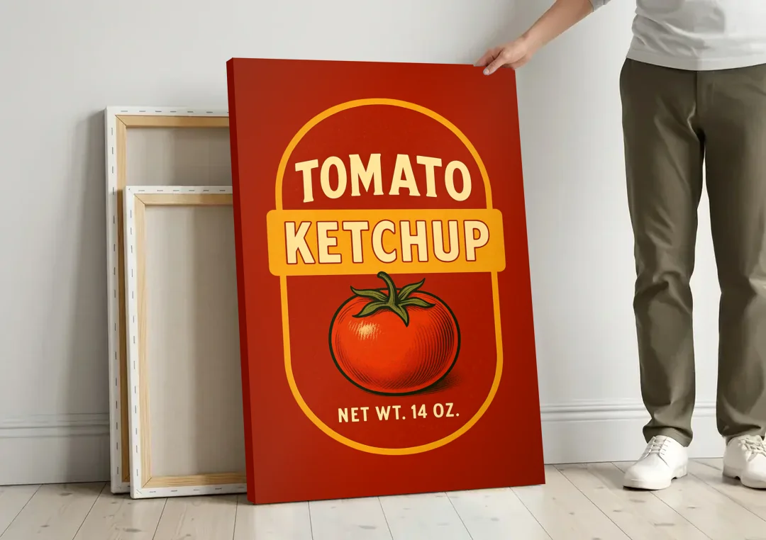 Vintage Tomato Ketchup canvas wall art leaning against a wall next to blank canvases