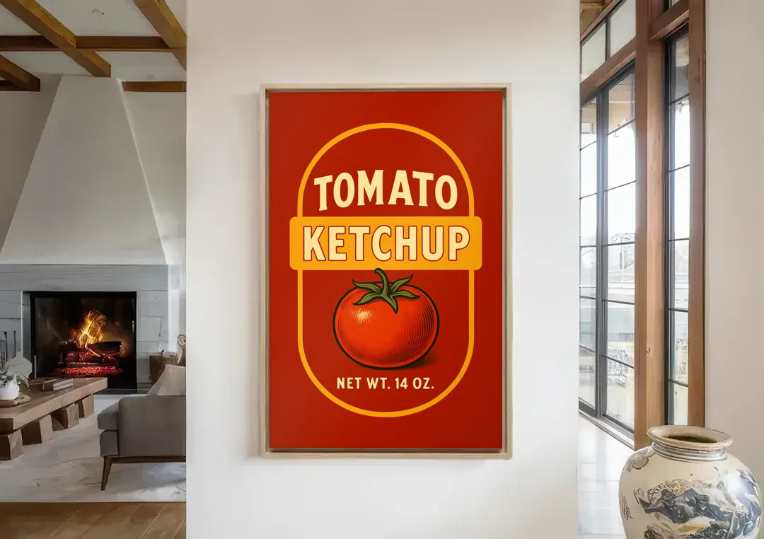Vintage Tomato Ketchup canvas wall art in a living room with a fireplace