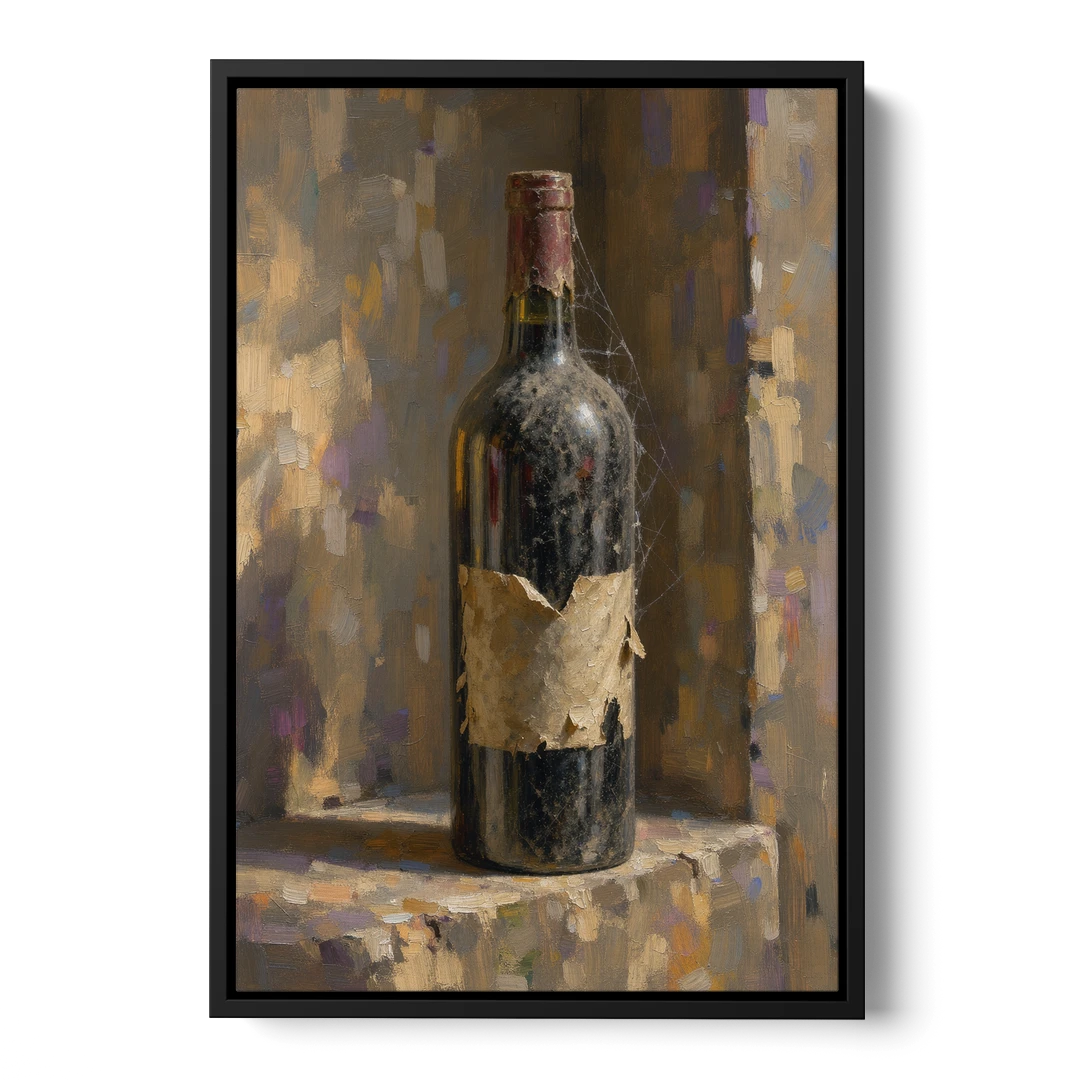 Vintage Wine Painting of a Dusty Cellar Bottle - Black Framed Canvas Wall Art - Front