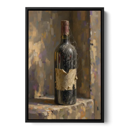Vintage Wine Painting of a Dusty Cellar Bottle - Black Framed Canvas Wall Art - Front