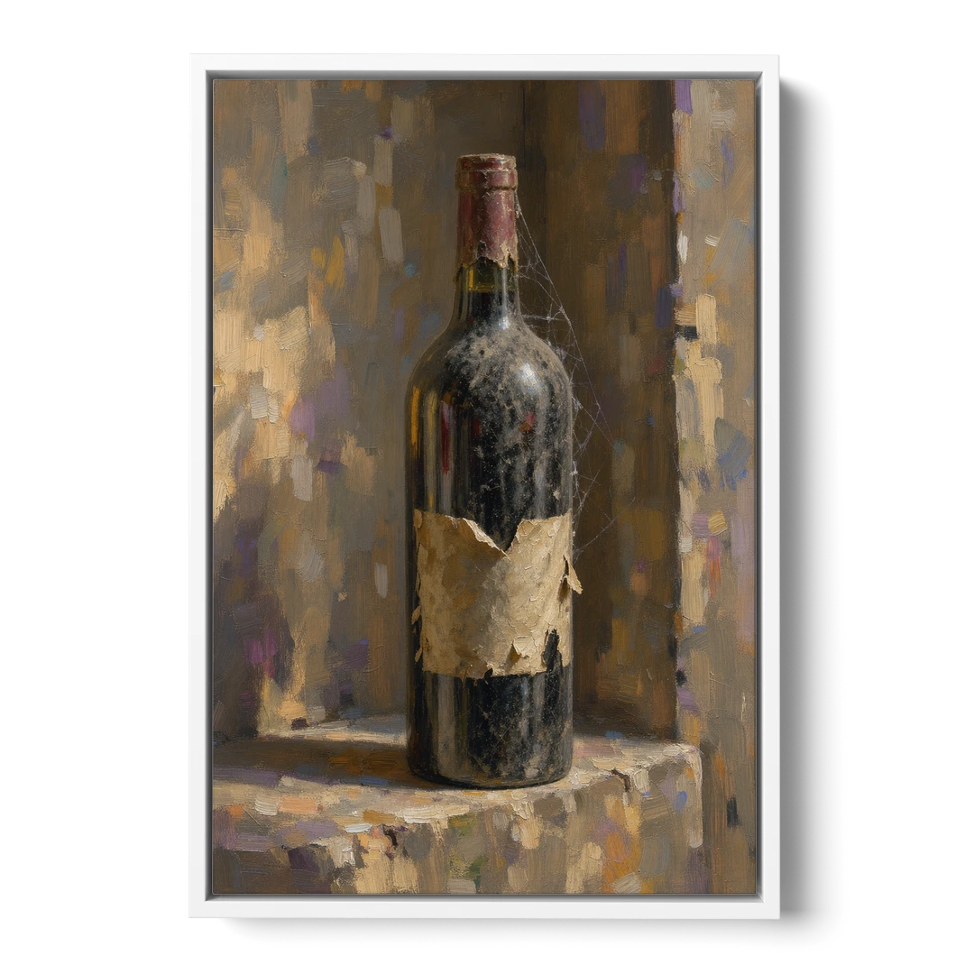 Vintage Wine Painting of a Dusty Cellar Bottle - White Framed Canvas Wall Art - Front