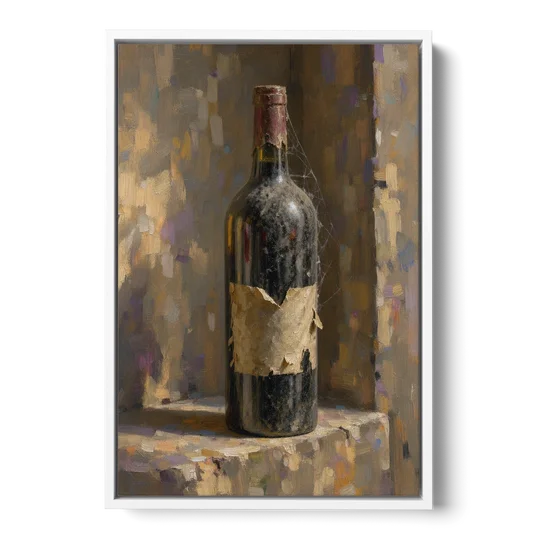 Vintage Wine Painting of a Dusty Cellar Bottle - White Framed Canvas Wall Art - Front