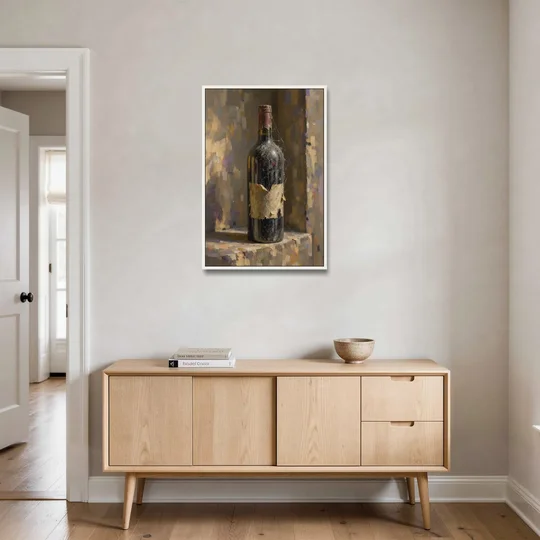 Vintage Wine Painting of a Dusty Cellar Bottle - White Framed Canvas Wall Art - Coffee Table - 24x36