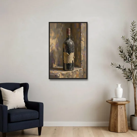 Vintage Wine Painting of a Dusty Cellar Bottle - Black Framed Canvas Wall Art - Sofa - 24x36