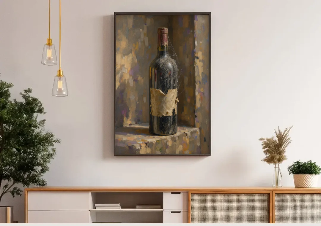 Vintage Wine Painting of a Dusty Cellar Bottle canvas wall art above a wooden sideboard under pendant lights